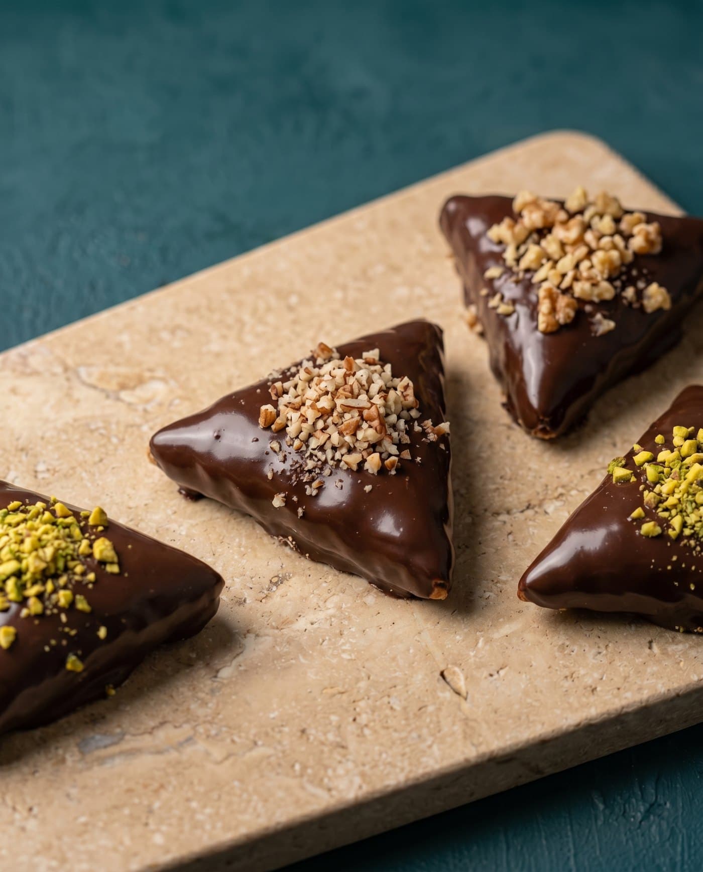 Sweet Samsa triangles enrobed in dark chocolate and topped with pistachio and pecan, on a stone board